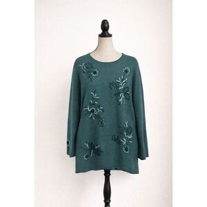 Vintage Koret Beaded Floral Sweater | Teal Green | Size S